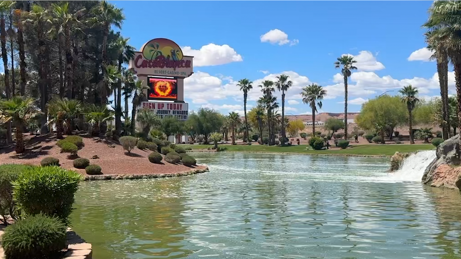 Casablanca is a sign overlooking the large pond.
